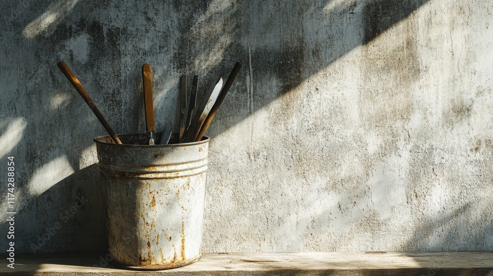 Poster a rustic bucket holding paintbrushes casts shadows on a textured wall, creating a serene and artisti