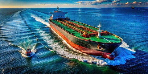 Obraz premium Huge Oil Tanker Tugboat Ocean Drone Shot