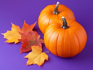 Autumn Harvest Border with Pumpkins, Colorful Leaves, and Berries on a Rich Purple Background, Perfect for Seasonal Decor and Fall-Themed Designs