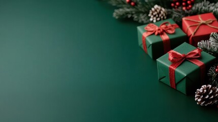 Colorful wrapped Christmas gifts are beautifully arranged with seasonal decorations on a dark green surface, perfect for holiday festivities