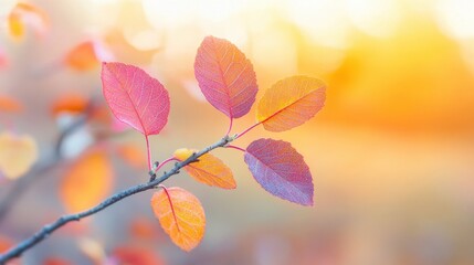Colorful close up of autumn leaves highlights reds and yellows against a softly blurred background during a tranquil sunset