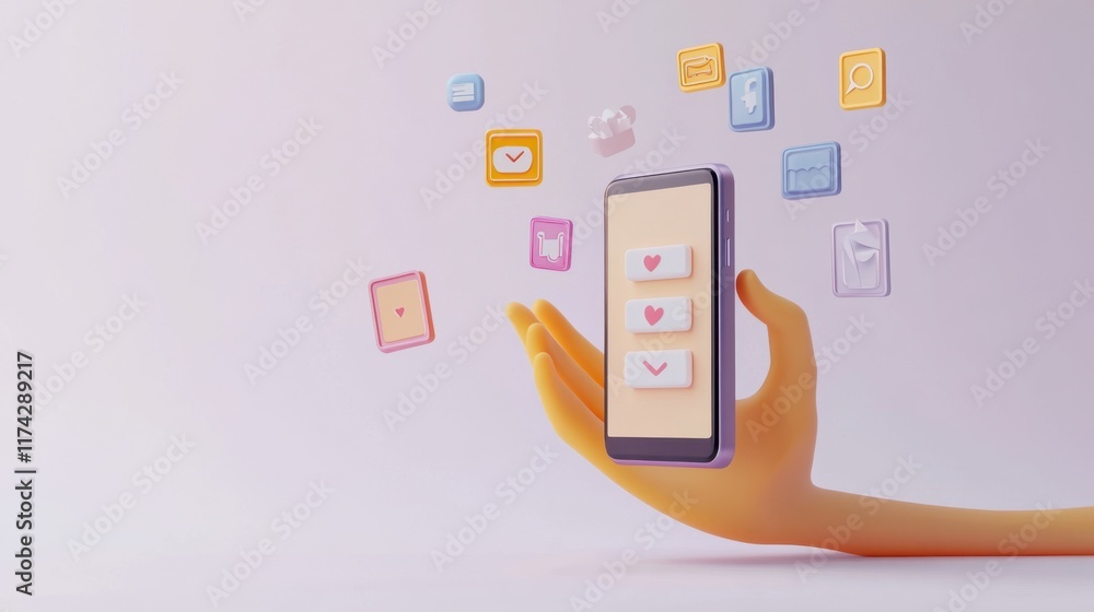 Aufkleber 3d render of a hand holding smartphone with colorful app icons floating around, representing mobile 