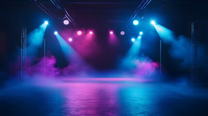An empty dark stage with blue and purple lighting, laser beams, neon, and spotlights reflecting on asphalt floor, creating a studio room atmosphere with floating smoke for product display