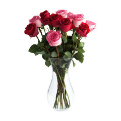 Red and pink rose bouquet in a clear glass vase isolated on white or transparent PNG