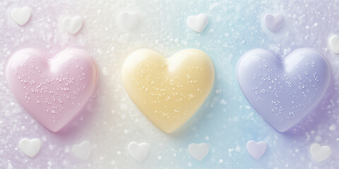 Fototapeta premium Three Pastel Heart-Shaped Objects with Water Droplets