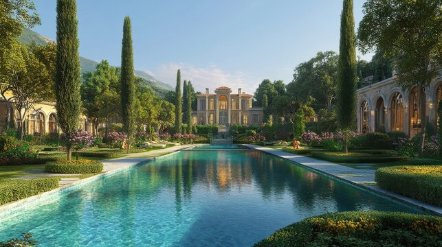 A serene scene of a large estate with perfectly landscaped gardens and a clear blue pool, symbolizing the rewards of wealth and prosperity.