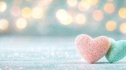 Fototapeta premium Delicate pastel hearts in pink and green sit softly on a shimmering surface, surrounded by a dreamy bokeh backdrop that enhances their charm