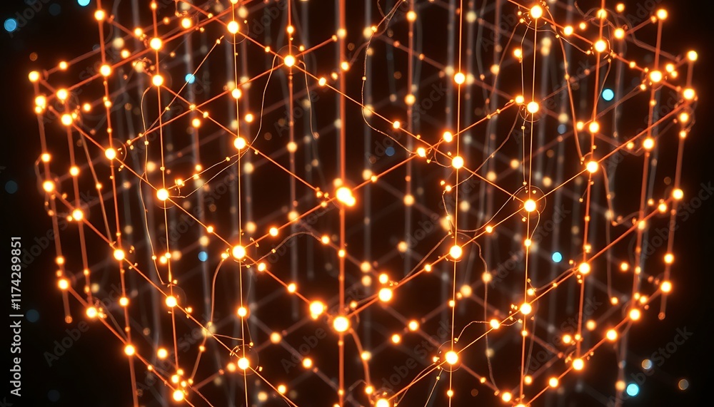 Poster luminous orange network cubic structure glowing nodes abstract design