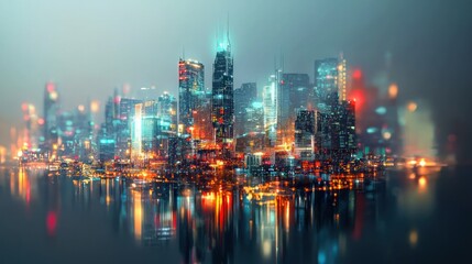 Obraz premium Night Cityscape: A Futuristic Metropolis Reflecting on Calm Waters