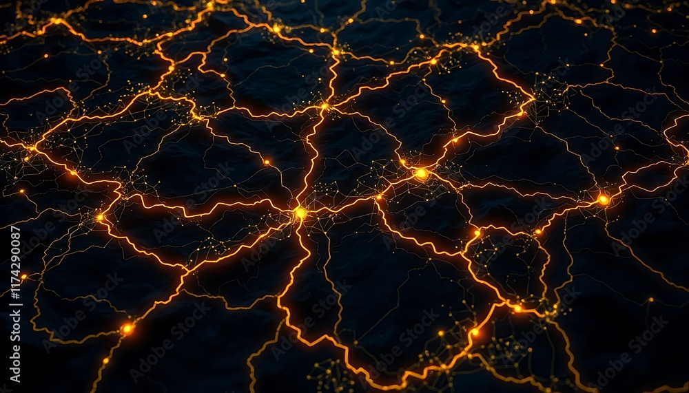 Poster glowing network abstract dark background orange lines nodes