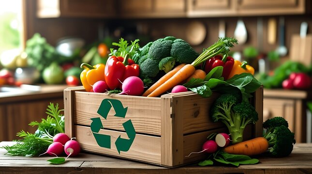Sustainable organic vegetables in a wooden crate with a recycling symbol emphasizing eco-friendly farming, locally grown produce, fresh harvest, and healthy eating for a greener, healthier lifestyle c