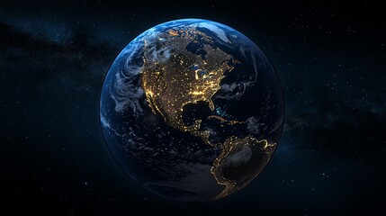 Obraz premium Planet Earth glowing at night, global network connectivity showcasing North America, South America, Europe, Africa, Asia, and the Middle East as a unified technological community