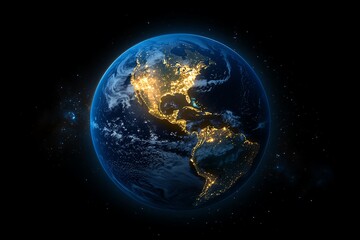 Fototapeta premium Planet Earth illuminated by global network connectivity at night, showcasing continents of North America, South America, Europe, Africa, Asia, and the Middle East