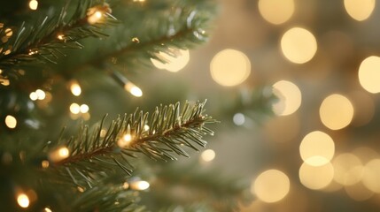 This close up captures a Christmas tree branch with sparkling lights, enhancing the festive atmosphere during the holiday season