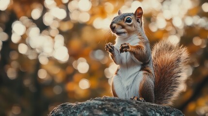 A curious squirrel stands on a rock, surrounded by a beautiful autumn backdrop filled with warm, blurred colors.