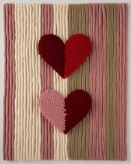 Fototapeta premium Crocheted amigurumi hearts, knitted fabric handcraft for love, on a fabric pattern background Valentines day Cute banner