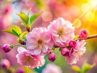 Fototapeta premium Delicate pink cherry blossoms, blurred background, spring macro photography.