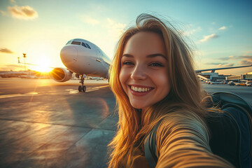 Happy young woman taking selfie with airplane.