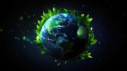 Fototapeta premium Earth Surrounded by Lush Green Leaves Against a Cosmic Background
