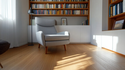 Fototapeta premium Cozy reading nook with comfortable chair and home library. Sunlight enhances warm atmosphere
