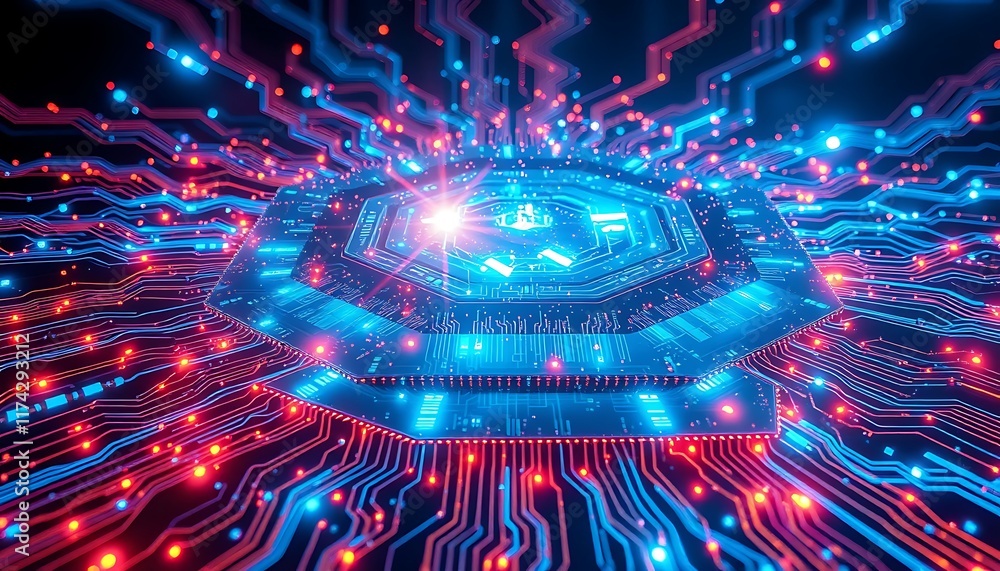 Poster glowing hexagon microchip circuitry digital network blue red