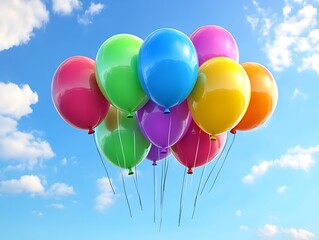 Obraz premium Bright and Colorful Party Balloons Floating Against a Blue Background, Perfect for Celebrations, Birthdays, and Festive Events