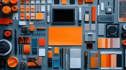 Flat lay of a designer's workspace with orange and grey color scheme, featuring stationery, tools, and tech.