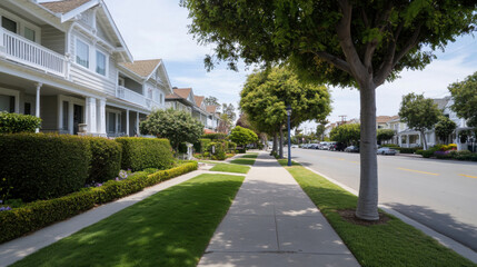 Naklejka premium charming street lined with classic Craftsman style homes, lush greenery, and wide sidewalks creates welcoming atmosphere