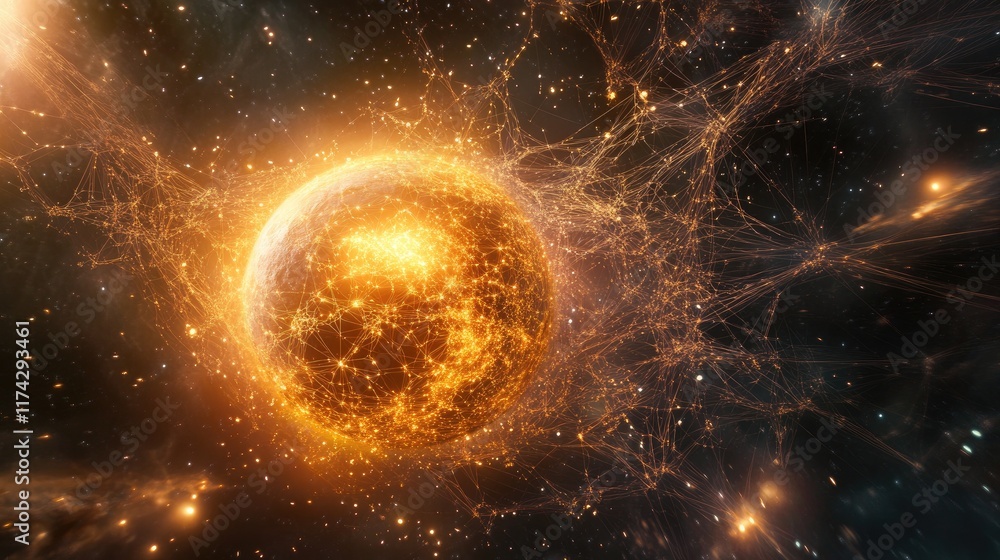 Aufkleber glowing planet surrounded by cosmic web and celestial structures