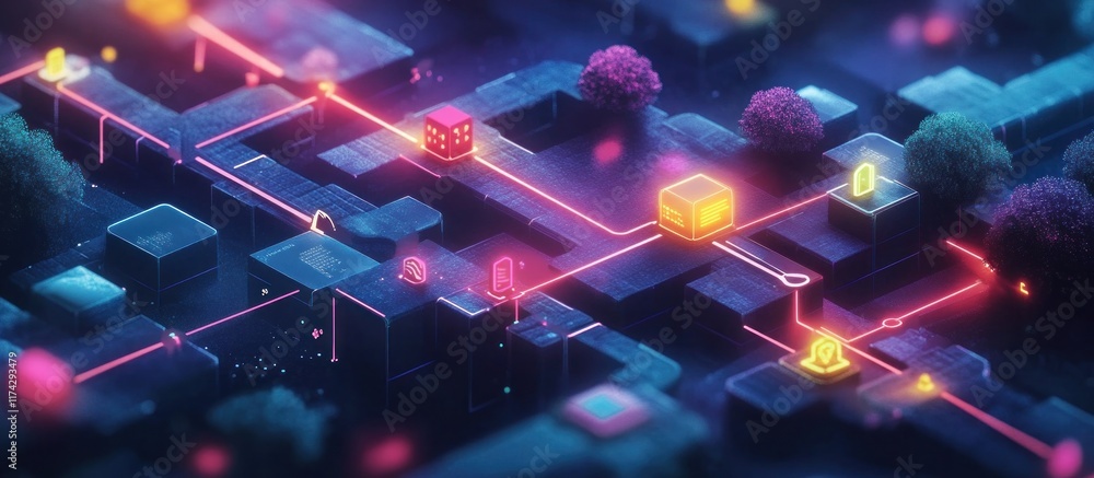 Aufkleber abstract 3d digital landscape with glowing neon lines connecting a network of nodes.