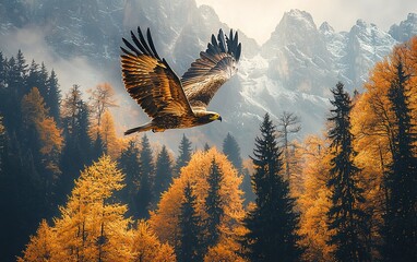 Golden eagle in flight over autumnal mountain forest.
