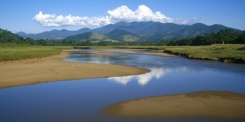 Fototapeta premium Scenic river flowing through mountains natural landscape daytime peaceful environment