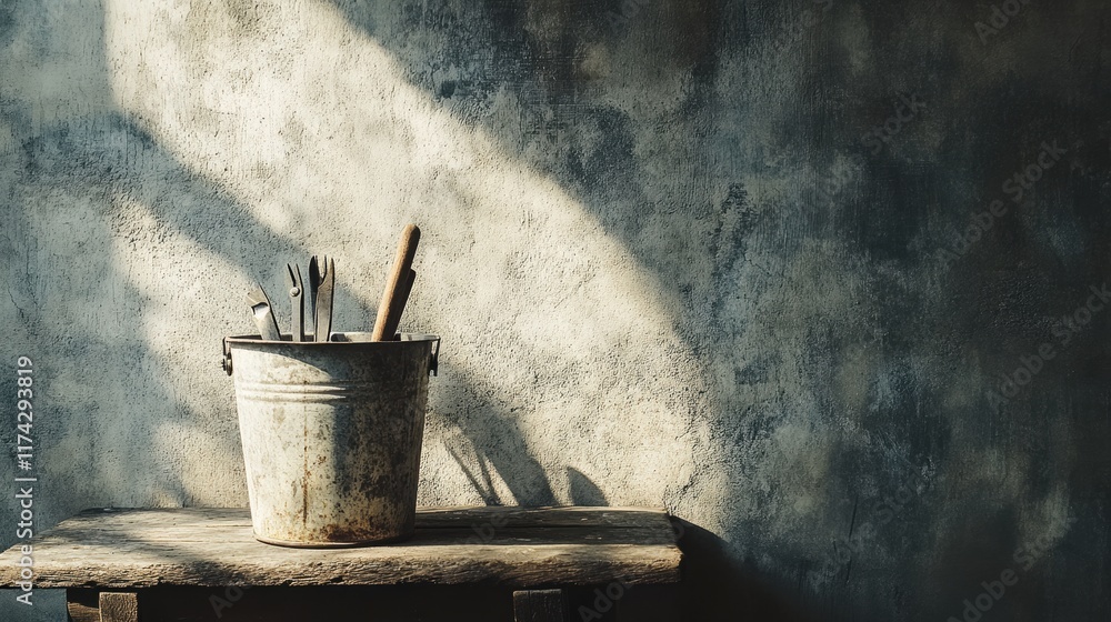 Poster a rustic bucket filled with tools sits on a weathered table, illuminated by soft light against a tex