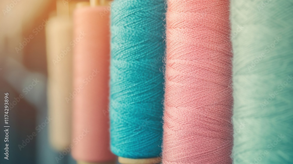 Poster vibrant thread spools in various colors showcase the materials essential for textile production in a