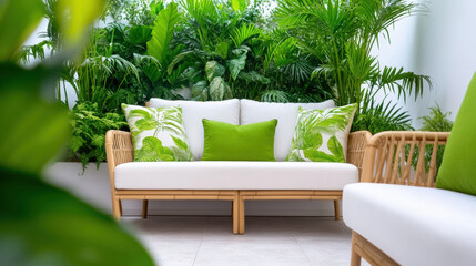 tropical themed apartment featuring bamboo furniture and lush greenery creates serene atmosphere. vibrant green cushions enhance natural vibe