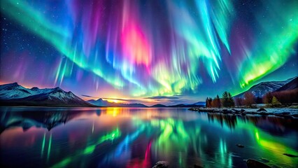 Northern Lights ignite the night sky, vibrant hues painting a mesmerizing abstract aurora borealis background.