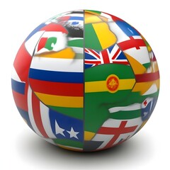 Global unity sphere with diverse national flags.