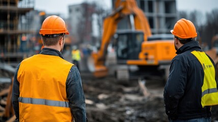 Construction Workers Overseeing Heavy Machinery Operations at a Busy Building Site