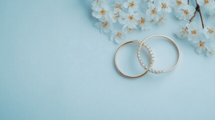 Two elegant wedding rings rest beside cherry blossoms, creating a beautiful and romantic display on a white background