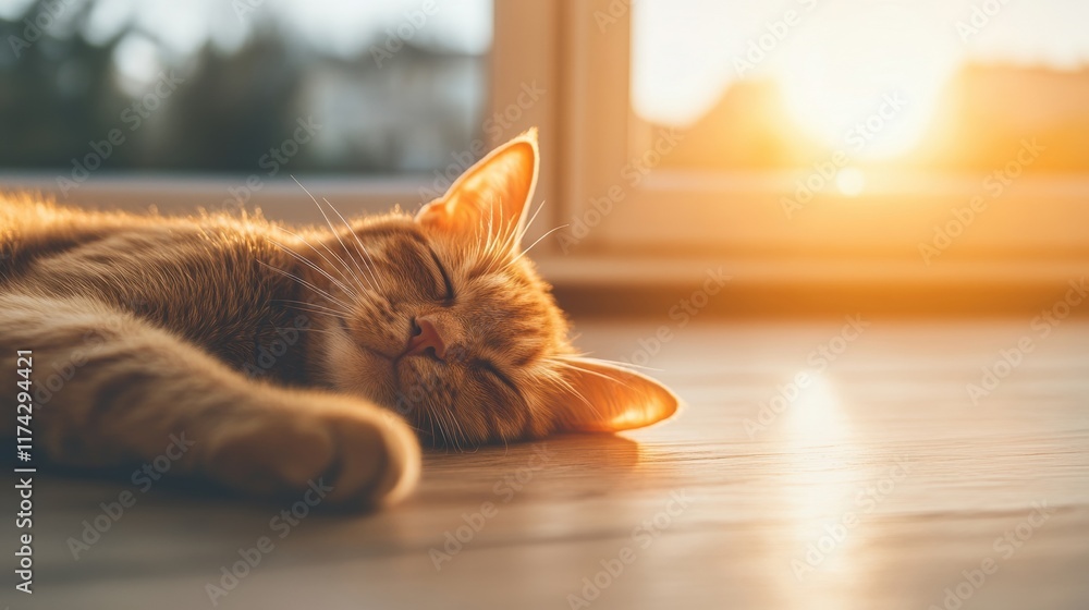 Poster a ginger cat enjoys a cozy nap in the warm rays of sunlight streaming through the window in the late