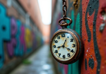 Vintage pocket watch hanging in an urban alley with colorful graffiti