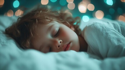 A child sleeps peacefully on a cozy surface surrounded by soft, dreamy lights resembling stars, capturing a tranquil moment