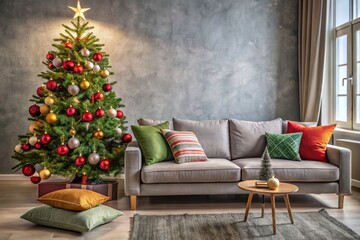 Panoramic view of a comfy Christmas sofa, decked with cozy cushions forming a charming tree.