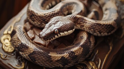 Fototapeta premium A close-up of a mischievous April Fools' Day prank, featuring a realistic fake snake coiled around a candy bar, ready to shock and amuse anyone who reaches for a treat