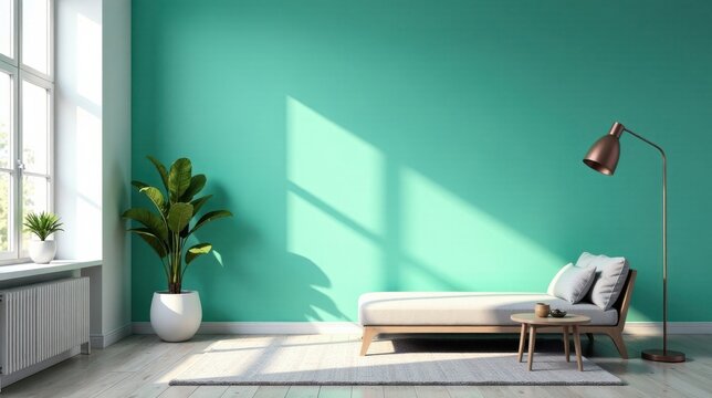 Modern minimalist living room interior design with a light beige daybed, a floor lamp, and a potted plant against a teal wall