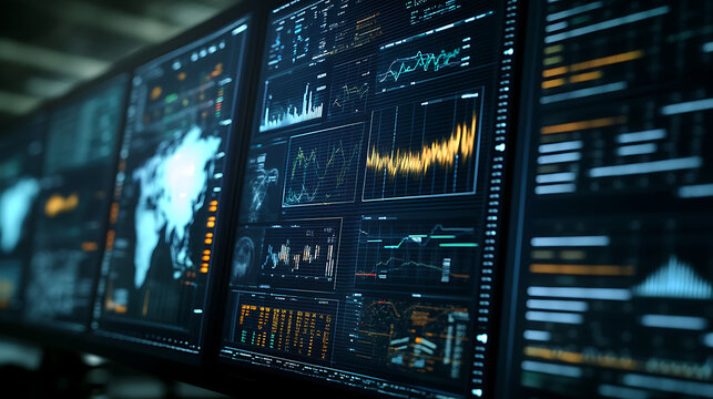 A computer screen displaying dynamic graphs and charts visualizing big data analysis in a professional setting 