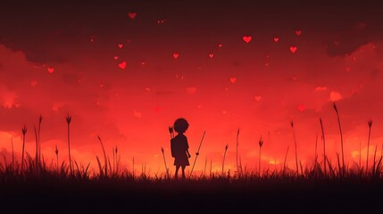 Silhouette of a child in a fiery sunset with floating hearts.