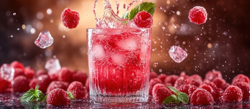 A glass of raspberry soda with ice cubes and fresh raspberries, surrounded by more raspberries and mint leaves. The drink is splashing and the raspberries are flying through the air.
