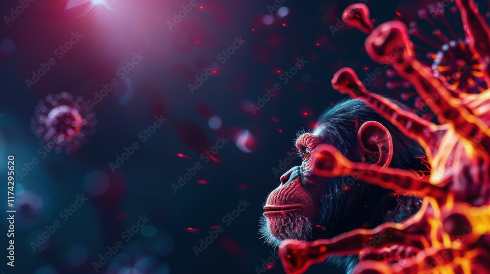 Poster a digital illustration of a monkey with a backdrop of virus particles, symbolizing the intersection 
