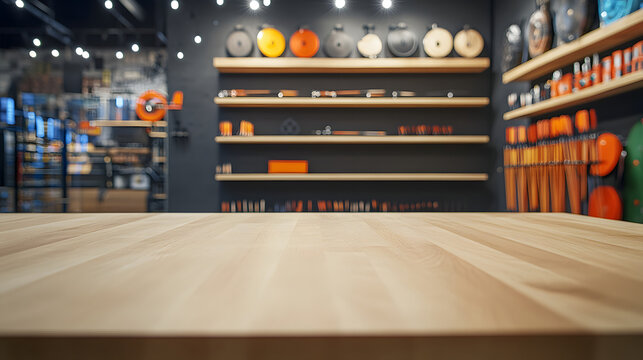 Light Wood Surface with Blurred Retail Store Background